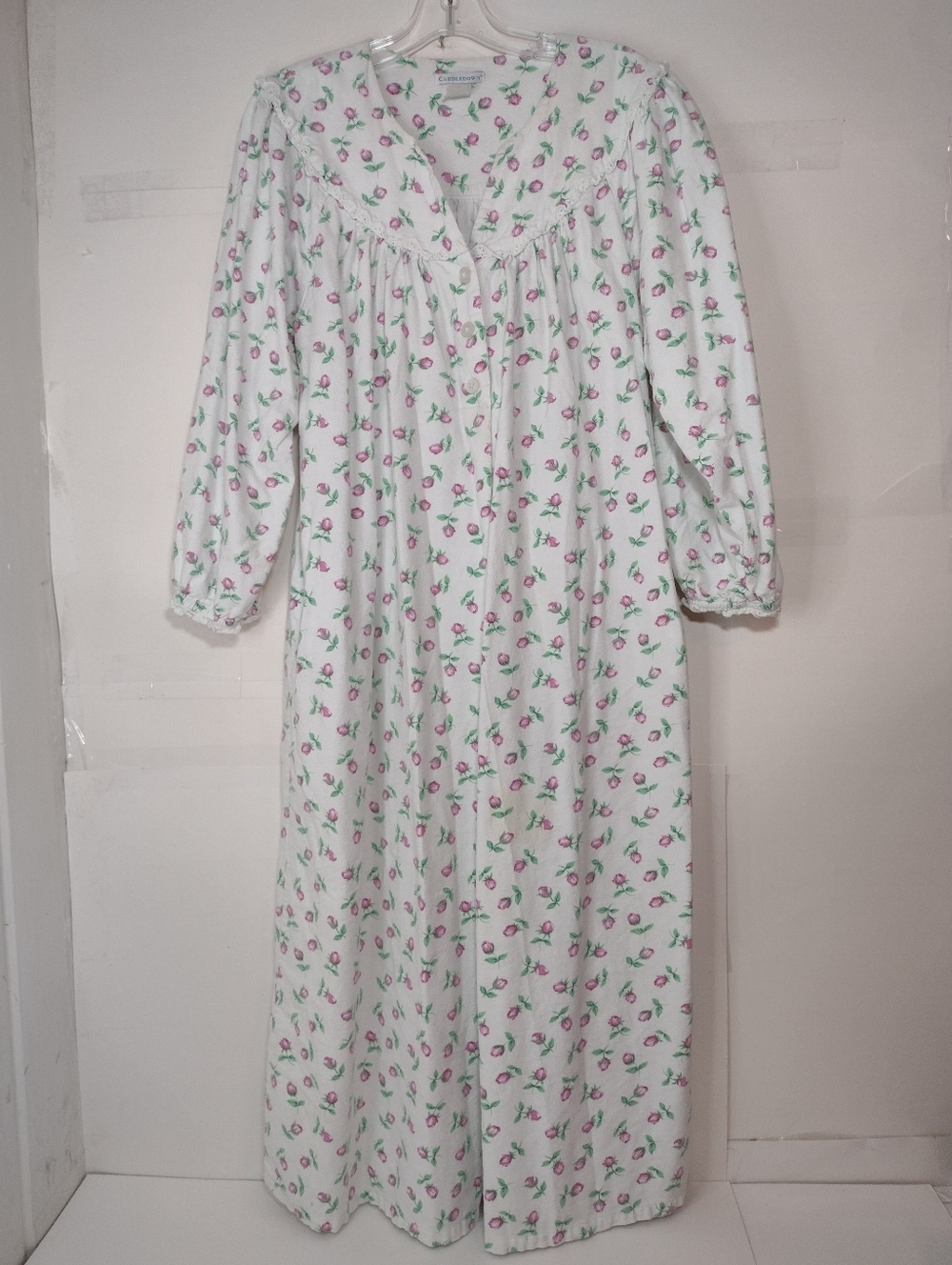 Cuddledown Women's Floral Long Nightgown in White with Pink & Green Print (M)